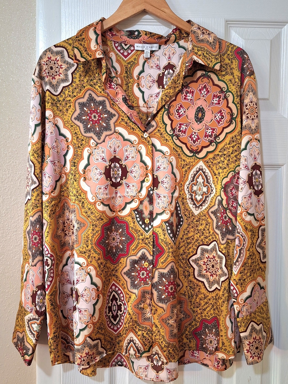 Maison d'Amèlie Yellow Maximal Paisley Print Button-Up Blouse Size XL